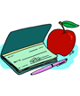 cartoon checkbook next to apple